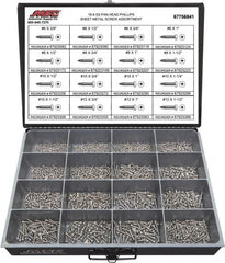 Value Collection - 1,300 Piece, #6x3/8 to #12 x 1-1/2, Stainless Steel Sheet Metal Screw Assortment - Pan Head, Phillips Drive, 3/8 to 1-1/2" Long, Grade 18-8 - Caliber Tooling