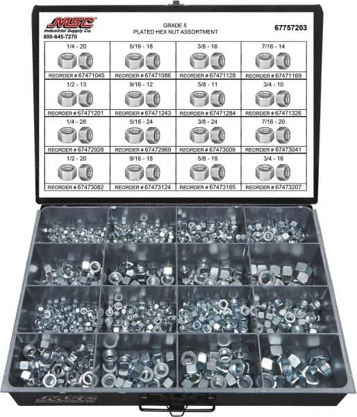 Value Collection - 1/4-20 to 3/4-16 Thread, 870 Piece Alloy Steel Nut Assortment - Grade 5 - Caliber Tooling