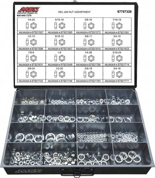 Value Collection - 1/4-20 to 3/4-16 Thread, 425 Piece Steel Nut Assortment - Grade 2 - Caliber Tooling