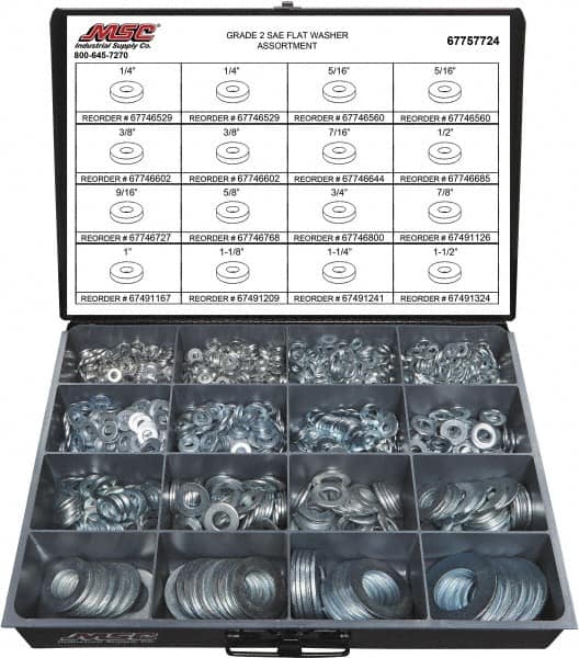 Value Collection - 1840 Piece, 1/4 to 1-1/2" Screw, Grade 2 Steel SAE Flat Washer Assortment - Includes 1/4 to 1-1/2" Screw & Compartmented Storage Case - Caliber Tooling