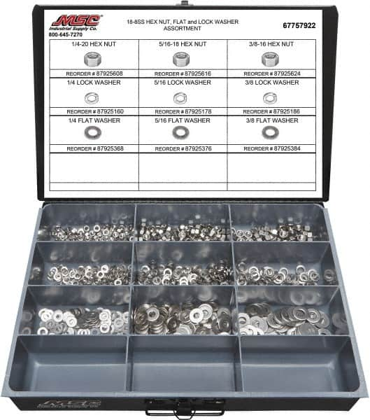 Value Collection - 1/4-20 to 3/8-16 Thread, 750 Piece Stainless Steel Nut & Washer Assortment - Grade 18-8 - Caliber Tooling