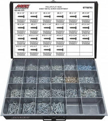 Value Collection - 1,200 Piece, #4x1/2 to #10x2, Steel Sheet Metal Screw Assortment - Flat Head, Phillips Drive, 1/2 to 2" Long, Grade 2 - Caliber Tooling