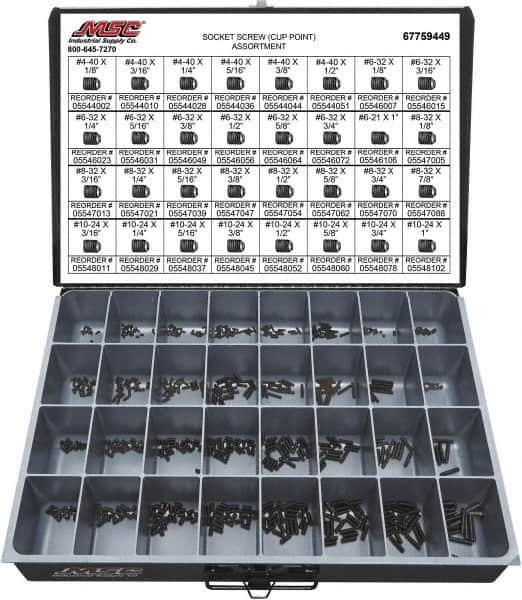 Value Collection - 710 Piece, #4-40 to #10-24, Alloy Steel Set Screw Assortment - Hex Head, Hex Socket Drive, 1/8 to 1" Long - Caliber Tooling