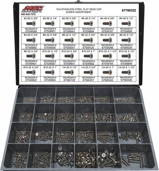 Value Collection - 1,095 Piece Stainless Steel Flat Head Cap Screws - #2-56 to 1/4-20 Thread, 18-8 - Caliber Tooling