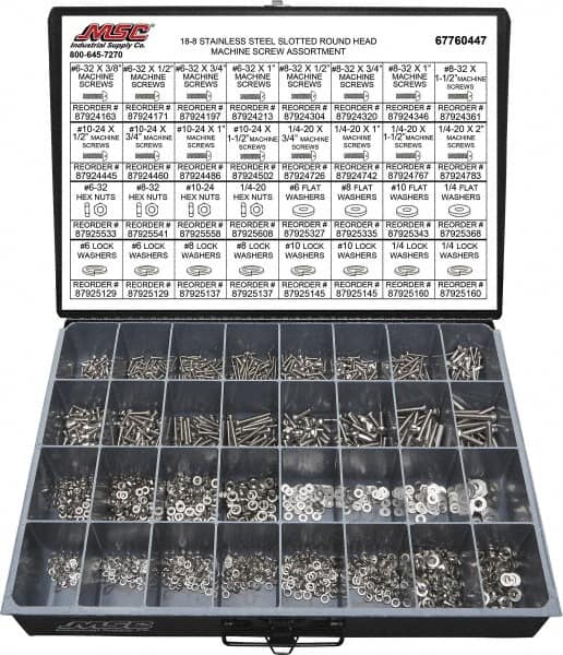 Value Collection - 2,200 Piece, #6-32 to 1/4-20, Stainless Steel Machine Screw Assortment - Round Head, Slotted Drive, 1/2 to 2" Long, Grade 18-8 - Caliber Tooling