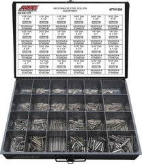 Value Collection - 115 Piece, 1/16 to 5/16" Pin Diam, Dowel Pin Assortment - 1/4 to 2" Long, 402 Stainless Steel - Caliber Tooling