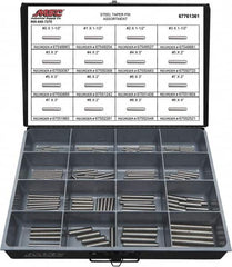 Value Collection - 130 Piece, #0 to #8" Pin Diam, Taper Pin Assortment - 1-1/2 to 4" Long, Grade 2 Steel - Caliber Tooling