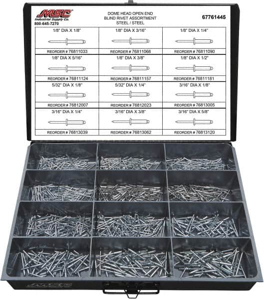 Value Collection - 1,100 Piece, 1/8 to 3/16" Hole Diam, Dome Head, Steel Blind Rivet Assortment - 1/8 to 5/8" Length, Steel Mandrel - Caliber Tooling