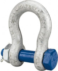 Campbell - 7/8" Nominal Chain Size, 6.5 Ton Carbon Steel Bolt Anchor Shackle - 7/8" Diam, 7/8" Pin Diam, 3-1/8" High x 1-7/16" Wide Inside Jaw, 2-1/16" Inside Width, 2" Max Body Thickness - Caliber Tooling