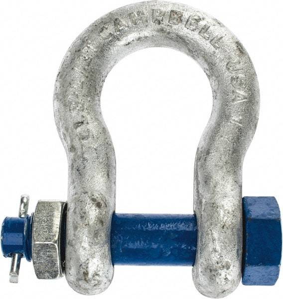 Campbell - 1" Nominal Chain Size, 8.5 Ton Carbon Steel Bolt Anchor Shackle - 1" Diam, 1" Pin Diam, 3-3/4" High x 1-11/16" Wide Inside Jaw, 2-1/2" Inside Width, 2-3/8" Max Body Thickness - Caliber Tooling