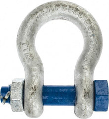 Campbell - 1-1/4" Nominal Chain Size, 12 Ton Carbon Steel Bolt Anchor Shackle - 1-1/4" Diam, 1-1/4" Pin Diam, 4-1/2" High x 2" Wide Inside Jaw, 3-1/4" Inside Width, 3" Max Body Thickness - Caliber Tooling