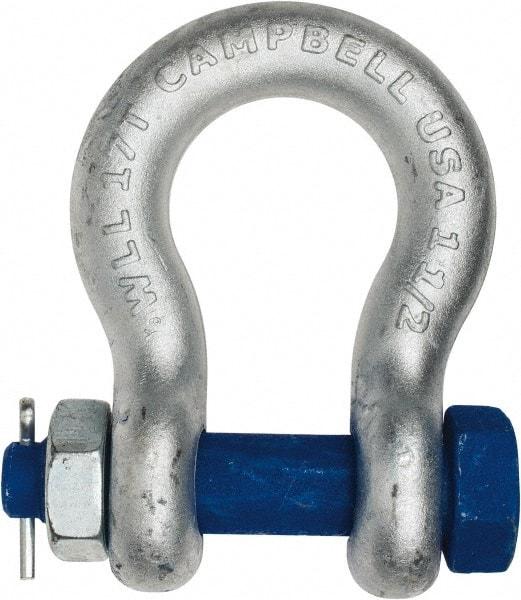 Campbell - 1-1/2" Nominal Chain Size, 17 Ton Carbon Steel Bolt Anchor Shackle - 1-1/2" Diam, 1-1/2" Pin Diam, 5-3/4" High x 2-3/8" Wide Inside Jaw, 3-7/8" Inside Width, 3-1/2" Max Body Thickness - Caliber Tooling