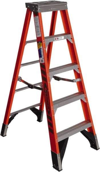 Werner - 4 Steps, 5' High, Type IAA Rating, Fiberglass Step Ladder - 375 Lb Capacity, 24-1/4" Base Width - Caliber Tooling