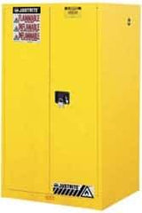 Justrite - 2 Door, 2 Shelf, Yellow Steel Standard Safety Cabinet for Flammable and Combustible Liquids - 65" High x 34" Wide x 34" Deep, Manual Closing Door, 3 Point Key Lock, 60 Gal Capacity - Caliber Tooling