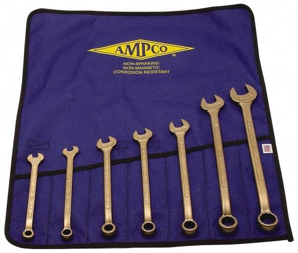 Ampco - 7 Piece, 8mm to 22mm, 12 Point Combination Wrench Set - Metric Measurement Standard, Aluminum Bronze Finish, Comes in Roll-Up Pouch - Caliber Tooling