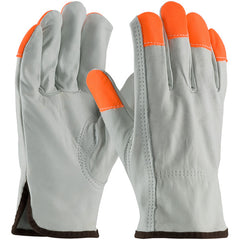 ‎68-163HV/L Leather Drivers Gloves - TG Cowhide - Regular Grade - Hi-Vis Orange Fingertips - Keystone Thumb - Exact Industrial Supply