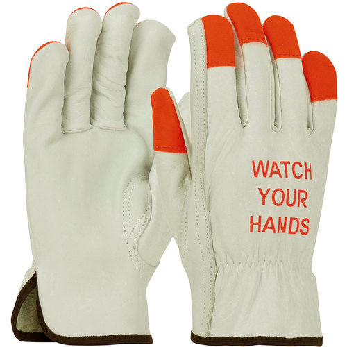 ‎68-165HV/L Leather Drivers Gloves - TG Cowhide - Superior Grade - Hi-Vis Orange Fingertips & Logo - Keystone - Exact Industrial Supply