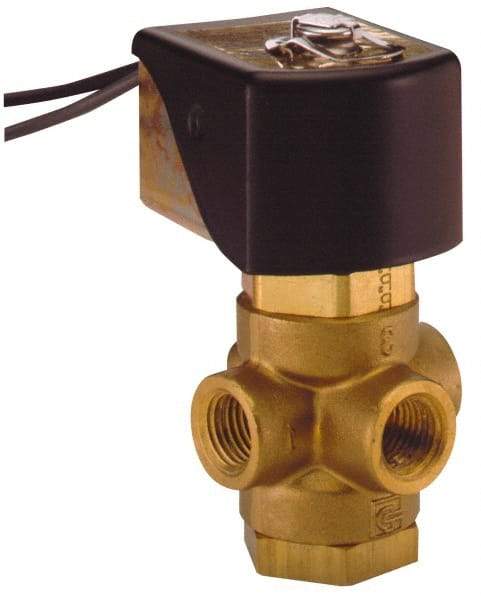 Parker - 1/4" Port, Three Way, Direct Acting, Brass Solenoid Valve - Universal, 125 Max PSI, NBR Seal - Caliber Tooling