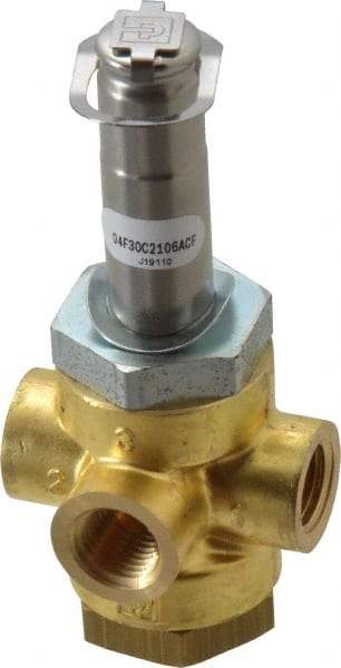 Parker - 1/4" Port, Three Way, Direct Acting, Brass Solenoid Valve - Normally Closed, 150 Max PSI, NBR Seal - Caliber Tooling