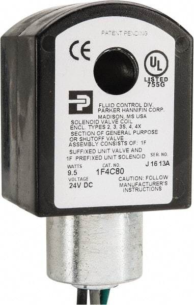 Parker - 24 Volt, 18 Coil Lead Length, Class F, Solenoid Coil - 9.5 Watt, NEMA 4X Enclosure, Use with Parker Skinner Gold Ring Series Valves - Caliber Tooling