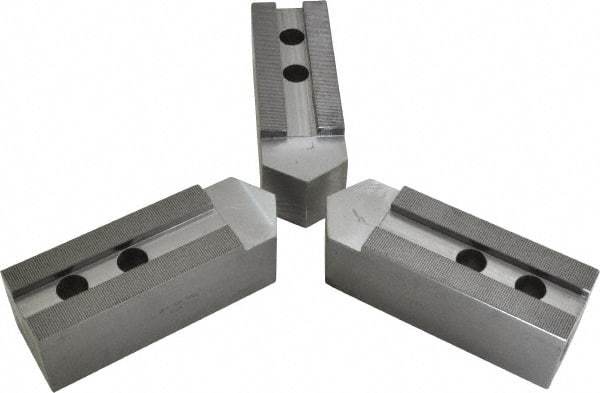 H & R Manufacturing - 1.5mm x 60° Serrated Attachment, Square Soft Lathe Chuck Jaw - 3 Jaws, Steel, 1.69" Btw Mount Hole Ctrs, 7-1/2" Long x 2-1/2" Wide x 2-1/2" High, 0.866" Groove, 20mm Fastener - Caliber Tooling