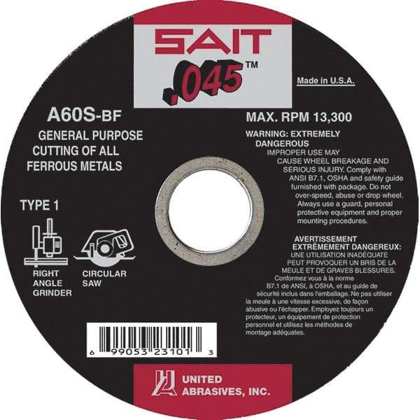 Sait - 6" 60 Grit Aluminum Oxide Cutoff Wheel - 0.045" Thick, 7/8" Arbor, 10,200 Max RPM, Use with Angle Grinders - Caliber Tooling