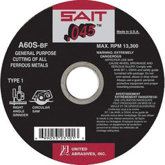 Sait - 6" 60 Grit Aluminum Oxide Cutoff Wheel - 0.045" Thick, 5/8" Arbor, 10,200 Max RPM, Use with Angle Grinders - Caliber Tooling