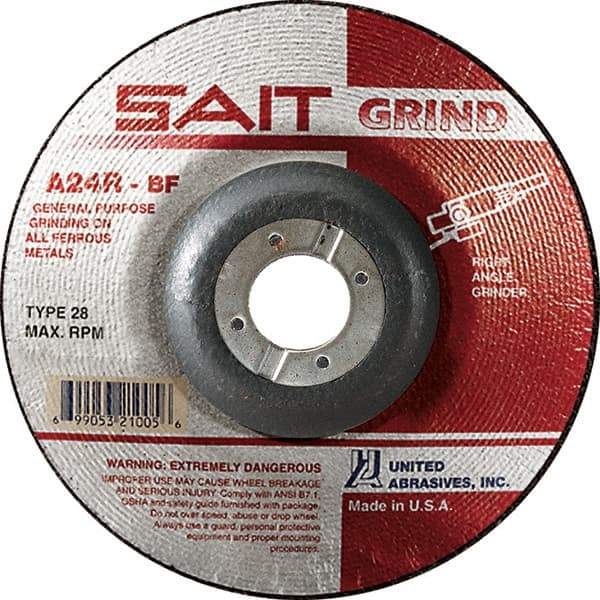 Sait - 24 Grit, 4-1/2" Wheel Diam, 1/4" Wheel Thickness, 7/8" Arbor Hole, Type 28 Depressed Center Wheel - Aluminum Oxide, Resinoid Bond, R Hardness, 13,300 Max RPM, Compatible with Angle Grinder - Caliber Tooling