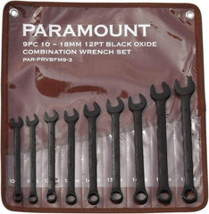 Paramount - 9 Piece, 10mm to 18mm, 12 Point Combination Wrench Set - Metric Measurement Standard, Black Oxide Finish, Comes in Canvas Roll - Caliber Tooling