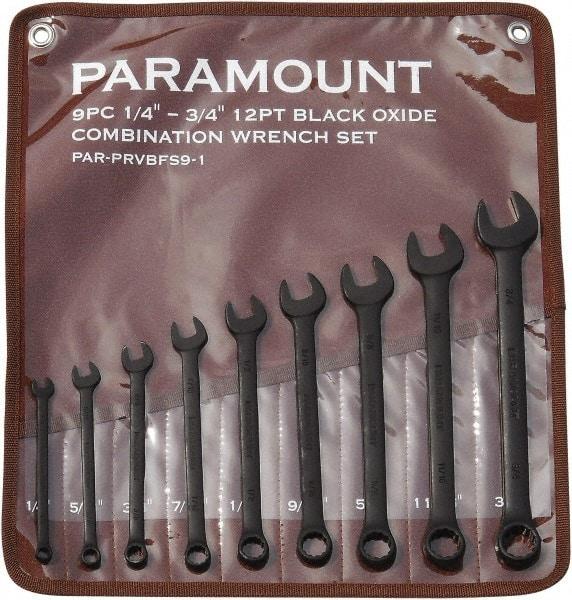 Paramount - 9 Piece, 1/4" to 3/4", 12 Point Combination Wrench Set - Inch Measurement Standard, Black Oxide Finish, Comes in Canvas Roll - Caliber Tooling