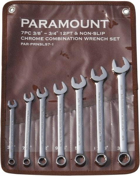 Paramount - 7 Piece, 3/8" to 3/4", 12 Point Combination Wrench Set - Inch Measurement Standard, Full Polish Finish, Comes in Canvas Roll - Caliber Tooling