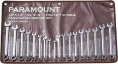 Paramount - 18 Piece, 1/4" to 3/4" (10mm to 18mm), 12 Point Combination Wrench Set - Inch/Metric Measurement Standard, Full Polish Finish, Comes in Canvas Roll - Caliber Tooling