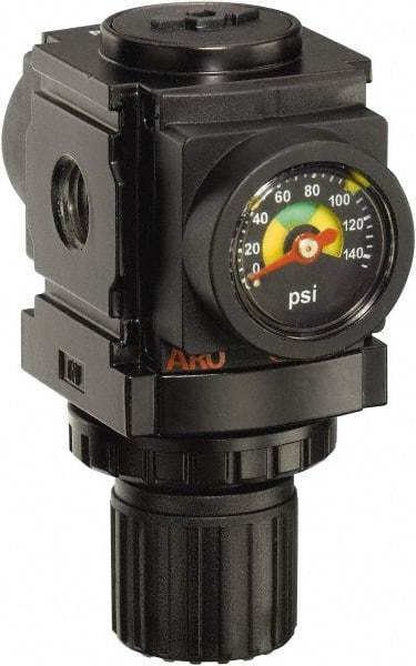 ARO/Ingersoll-Rand - 1/4 NPT Port, 59 CFM, Aluminum Miniature Regulator - 0 to 140 psi Range, 250 Max psi Supply Pressure, 1/8" Gauge Port Thread, 2.913" Wide x 3-9/16" High - Caliber Tooling