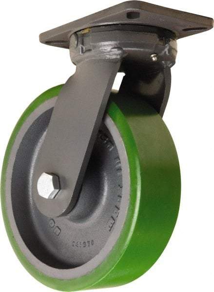 Hamilton - 10" Diam x 3" Wide x 12-1/2" OAH Top Plate Mount Swivel Caster - Polyurethane Mold onto Cast Iron Center, 3,000 Lb Capacity, Sealed Precision Ball Bearing, 5-1/4 x 7-1/4" Plate - Caliber Tooling