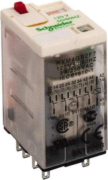 Square D - 14 Pins, 1.2 VA Power Rating, Ice Cube Electromechanical Plug-in General Purpose Relay - 3 Amp at 277 VAC, 4PDT, 120 VAC, 21mm Wide x 40mm High x 27mm Deep - Caliber Tooling