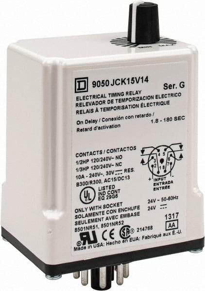 Square D - 8 Pin, 3 min Delay, DPDT Time Delay Relay - 10 Contact Amp, 24 VAC/VDC - Caliber Tooling