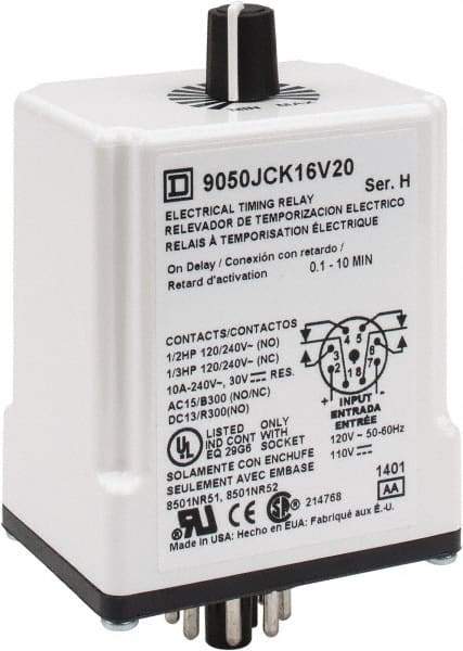 Square D - 8 Pin, 10 min Delay, DPDT Time Delay Relay - 10 Contact Amp, 110 VDC & 120 VAC - Caliber Tooling