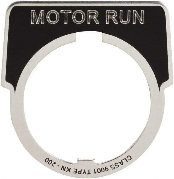 Square D - Metal Legend Plate - Motor Run - Black Background, White Letters, 30mm Hole Diameter - Caliber Tooling