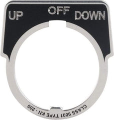 Square D - Metal Legend Plate - Up-Off-Down - Black Background, White Letters, 30mm Hole Diameter - Caliber Tooling