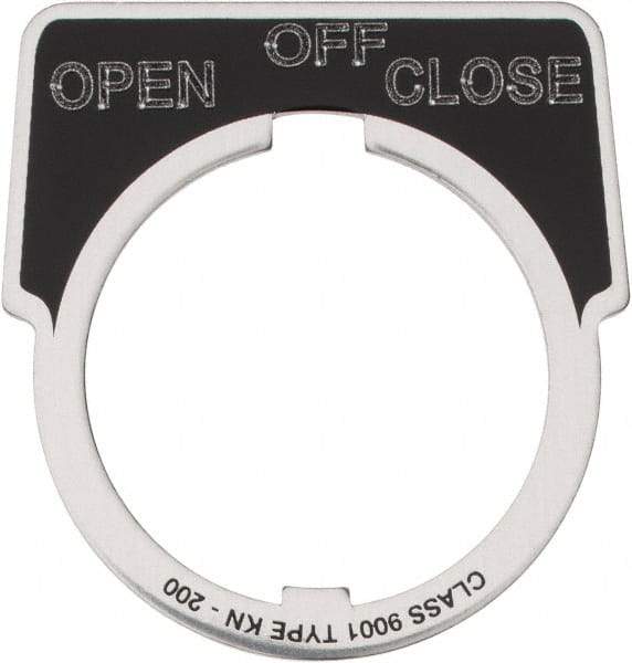 Square D - Metal Legend Plate - Close, Off, Open - Black Background, White Letters, 30mm Hole Diameter - Caliber Tooling