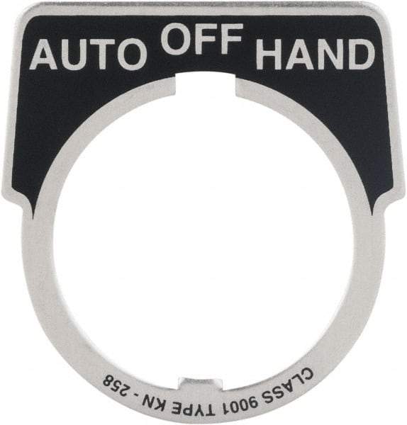 Square D - Metal Legend Plate - Auto-Off-Hand - Black Background, White Letters, 30mm Hole Diameter - Caliber Tooling