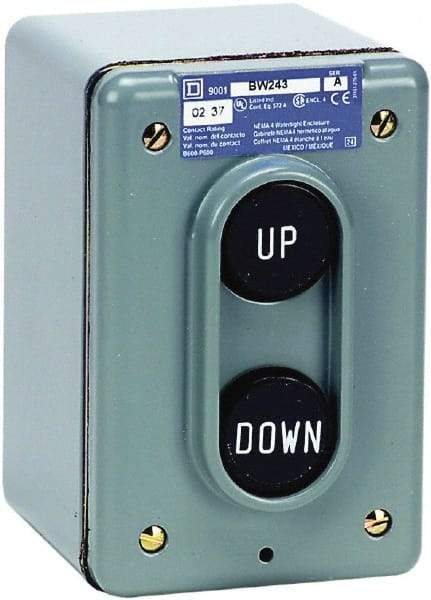 Schneider Electric - 2 Operator, Pushbutton Pendant Control Station - Up-Down (Legend), Maintained Switch, 2NO Contact, NEMA 4 - Caliber Tooling