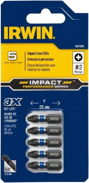 Irwin - #2, Insert Phillips Screwdriver Bit - 1/4" Drive, 1" OAL - Caliber Tooling