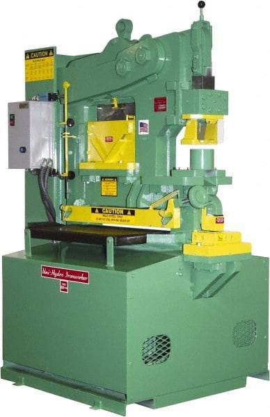 Uni-Hydro - 9" Throat Depth, 80 Ton Punch Pressure, 2" in 1/2" Punch Capacity Ironworker - 7-1/2 hp, 3 Phase, 220/480 Volts, 46" Wide x 70" High x 37" Deep - Caliber Tooling