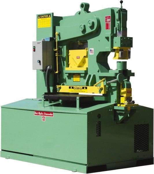 Uni-Hydro - 12" Throat Depth, 105 Ton Punch Pressure, 1-5/16" in 1" Punch Capacity Ironworker - 7-1/2 hp, 3 Phase, 220/480 Volts, 61-1/2" Wide x 70" High x 41" Deep - Caliber Tooling