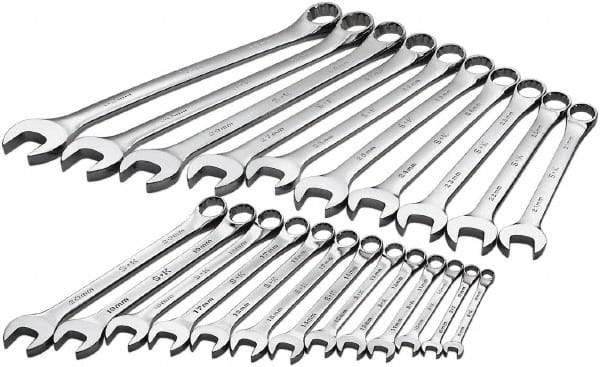 SK - 23 Piece, 8mm to 32mm, 12 Point Combination Wrench Set - Metric Measurement Standard, Chrome Finish, Comes in Rack - Caliber Tooling