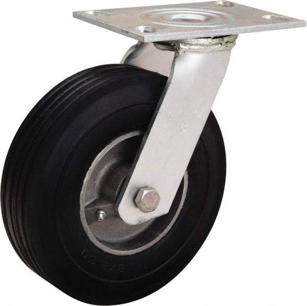 Hamilton - 8" Diam x 2" Wide, Rubber Swivel Caster - 500 Lb Capacity, Top Plate Mount, 4-1/2" x 6-1/4" Plate, Straight Roller Bearing - Caliber Tooling