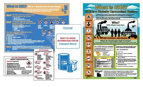 NMC - GHS General Safety & Accident Prevention Training Kit - English, 18" Wide x 24" High, White Background, Includes What is GHS Poster, GHS Pictogram, Booklets, Wallet Cards - Caliber Tooling