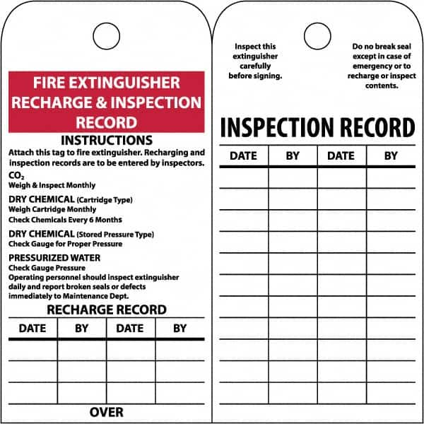 NMC - 3" High x 6" Long, FIRE EXTINGUISHER RECHARGE & INSPECTION RECORD, English Safety & Facility Inspection Tag - Tag Header: Notice, 2 Sides, White Poly - Caliber Tooling