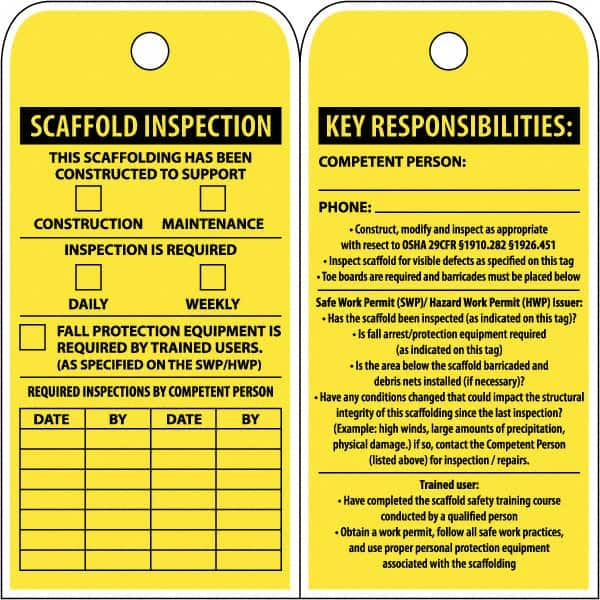 NMC - 3" High x 6" Long, SCAFFOLD INSPECTION, English Safety & Facility Inspection Tag - Tag Header: Notice, 2 Sides, Yellow Poly - Caliber Tooling